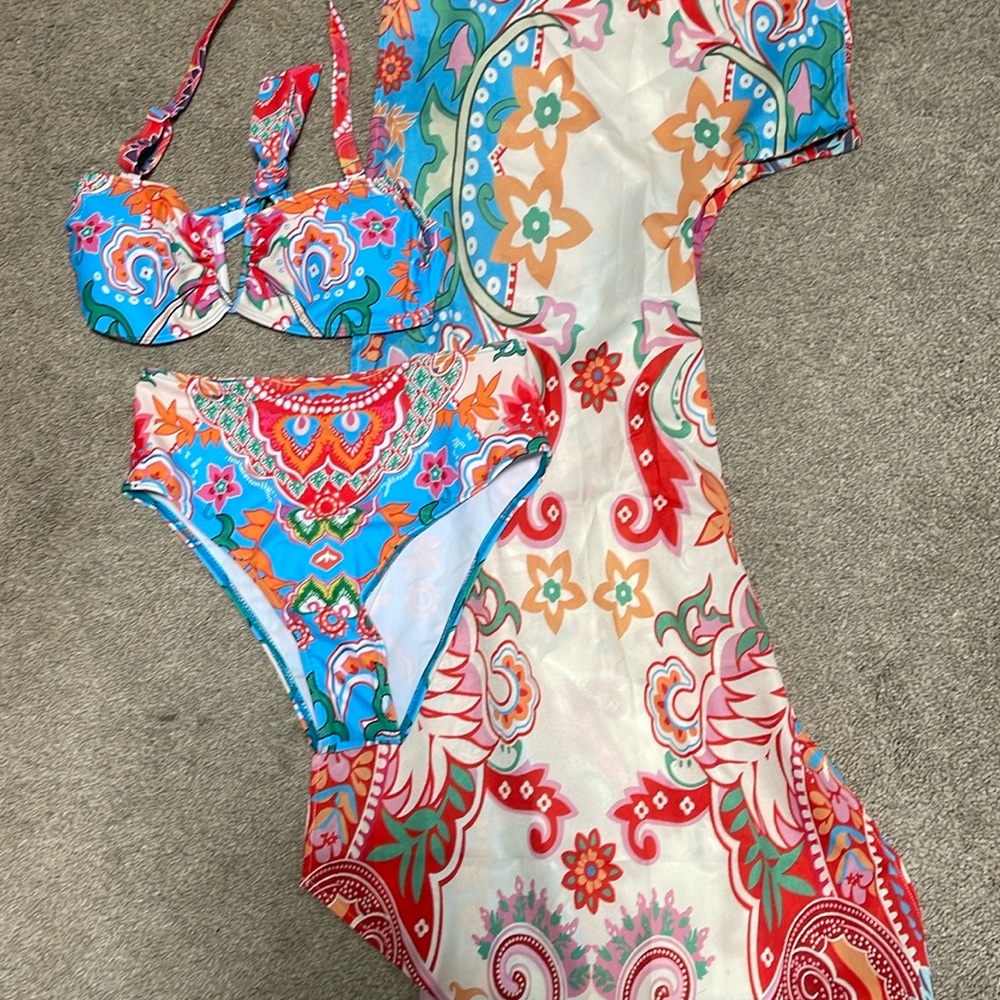 Colorful Floral Kimono style cover up and matching bikini